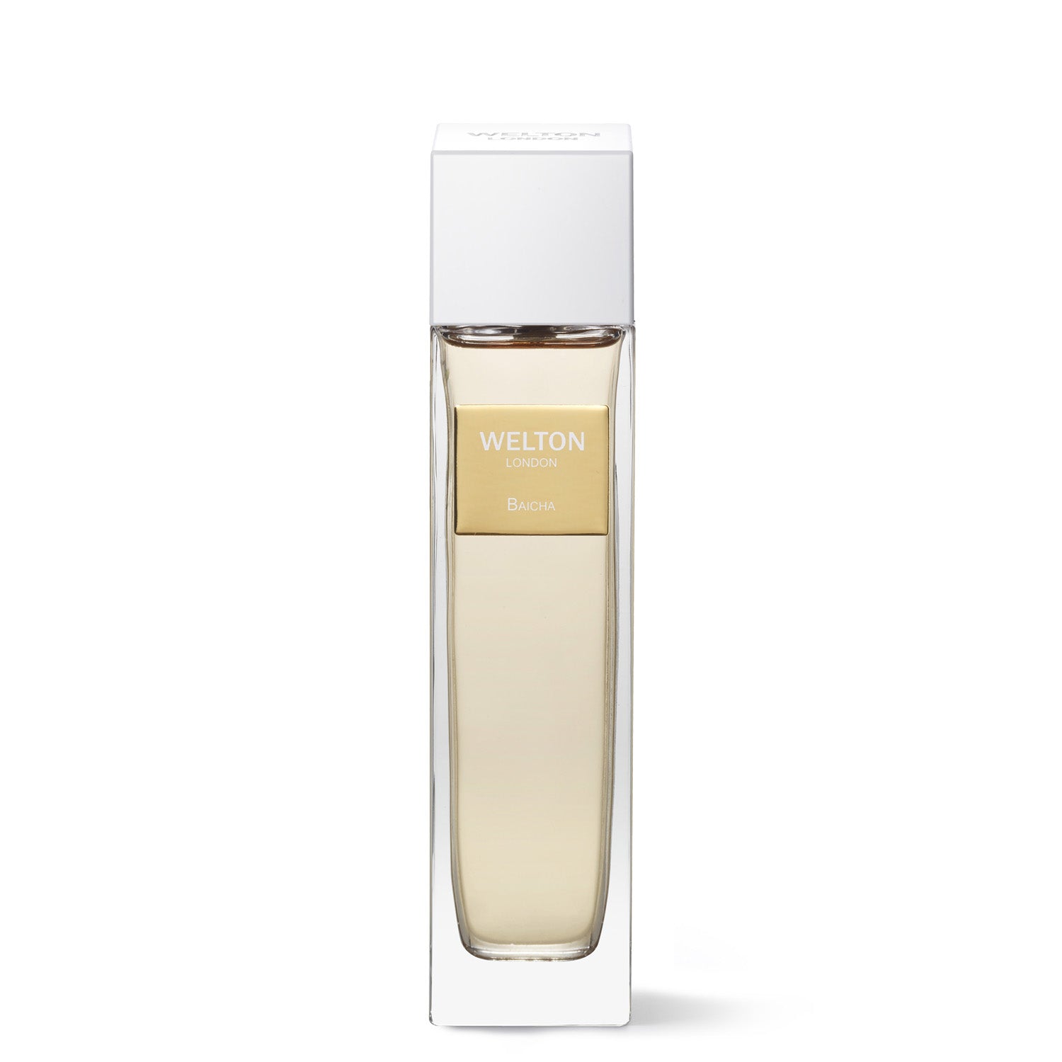 A rectangular glass bottle of Welton Baicha EDP, with pale yellow liquid and a white cap, is labeled WELTON LONDON and BAICHA. It sits partially in clear packaging, highlighting the luxury fragrance against a white background.