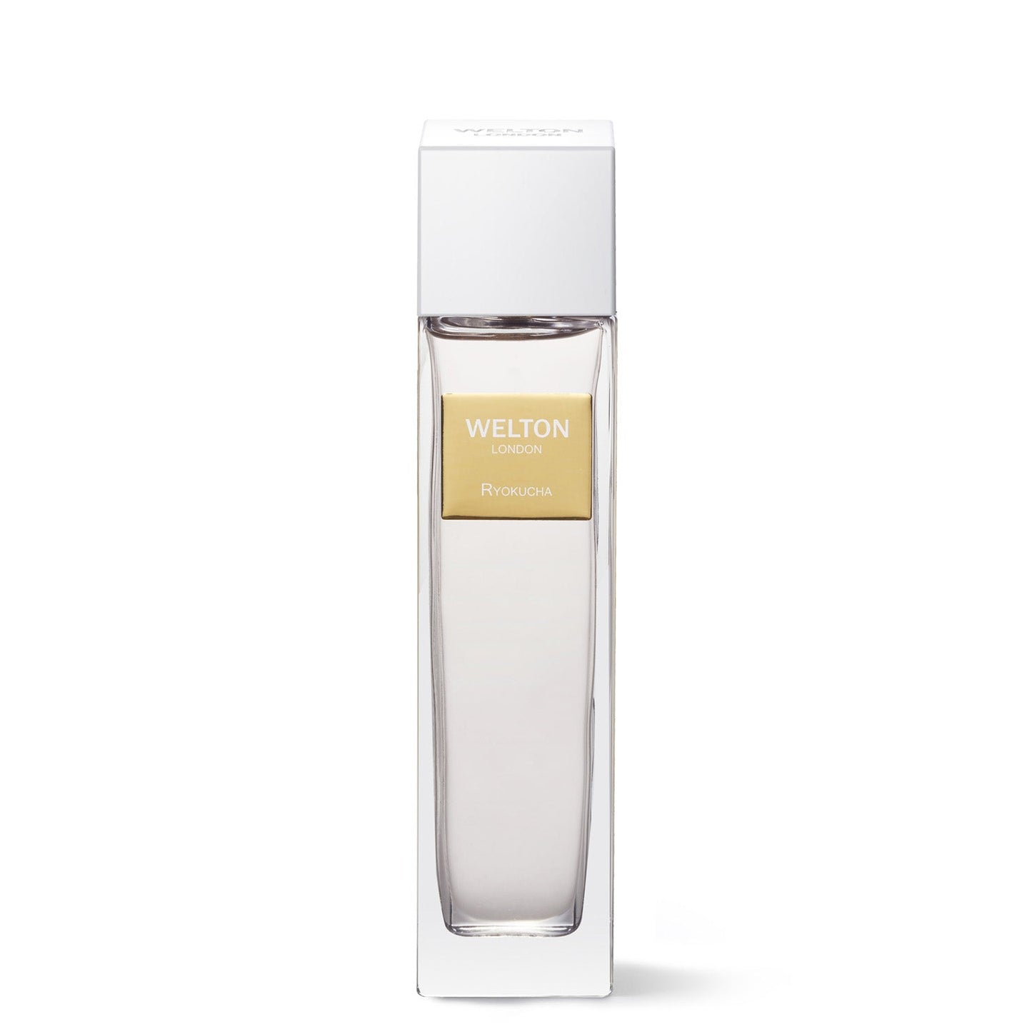 A clear glass bottle labeled Welton Ryokucha EDP with a gold label stands in a tall white box, set against a plain white background—an elegant green tea perfume from Welton in luxurious packaging.