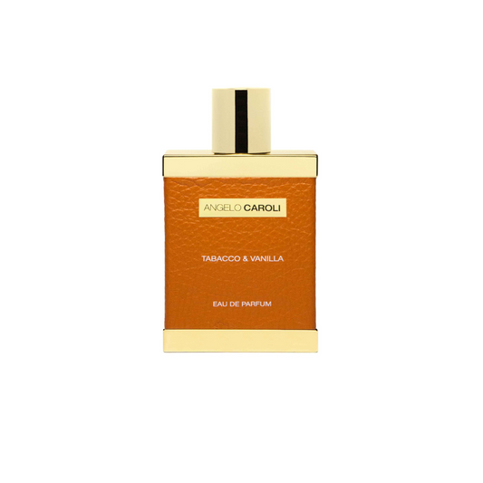 A rectangular ANGELO CAROLI Tabacco & Vanilla Eau de Parfum bottle with a gold cap and brown textured label, featuring gold text on white—a refined unisex scent blending woody spices and sweet vanilla.