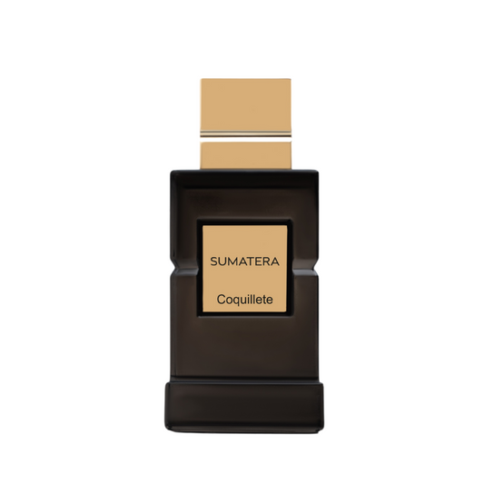 A bottle of SUMATERA Eau de Parfum by Coquillete, from the Paris Collection, with a rectangular black base, gold cap, and gold label—an elegant homage to exotic Sumatra patchouli.