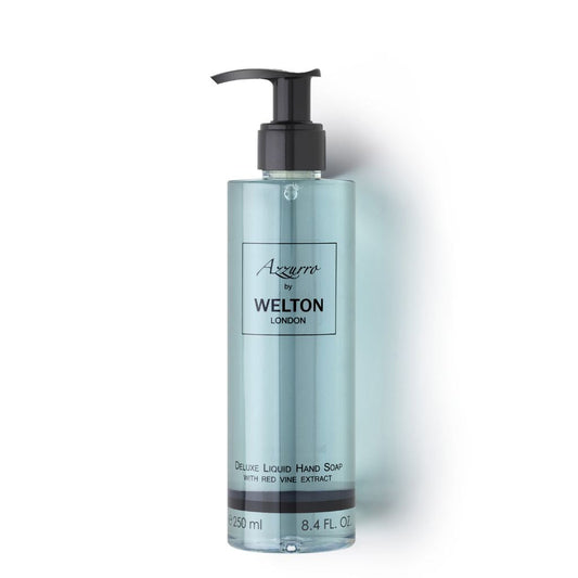 A clear blue 250 ml bottle of Welton London AZZURRO Deluxe Liquid Hand Soap with red vine extract and a black pump dispenser, made with natural ingredients—ideal for sensitive skin.
