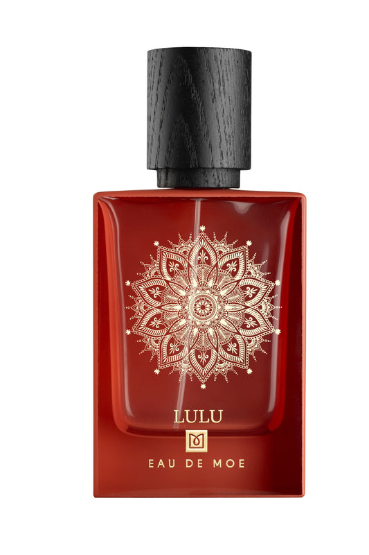 A red 80ML LULU Eau de Parfum bottle by Eau De Moe, with a black cap and gold mandala design, features bold LULU and Eau De Moe labels plus a square logo, making it a standout women’s fragrance.