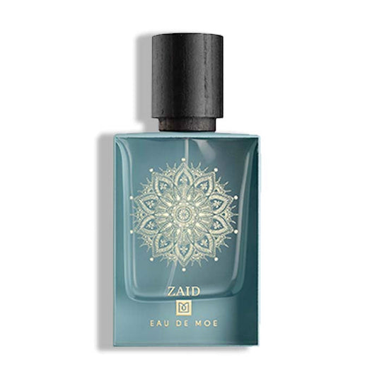 A teal ZAID Eau de Parfum bottle by Eau De Moe with a black cap, gold mandala design, and "ZAID EDP 80ML" and "ZAIDEAU DE PARFUM" printed on the front.