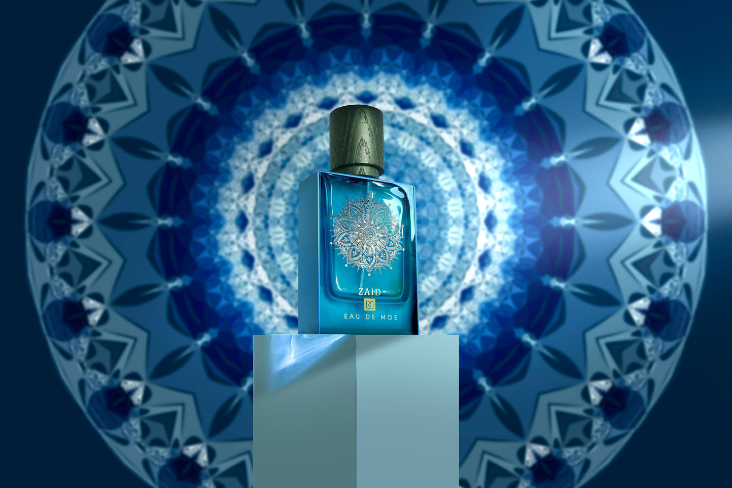 A blue 80ML ZAID Eau de Parfum bottle by Eau De Moe, adorned with white designs, stands on a reflective pedestal. Behind it, a large mandala highlights the luxurious artistry of this ZAID Eau de Parfum.