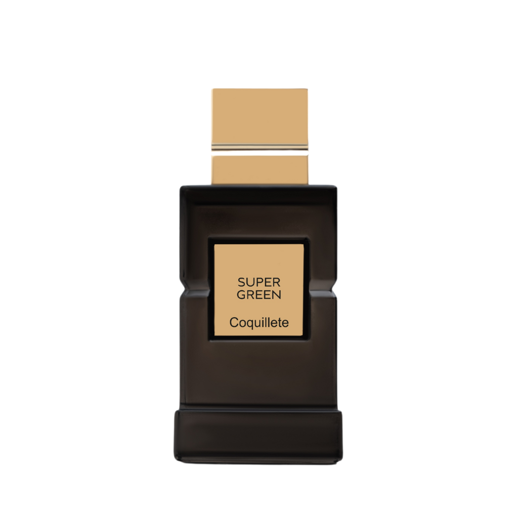 A rectangular dark glass bottle with a gold square cap and modern label reading "SUPERGREEN Eau de Parfum - Coquillete Parfum" by Coquillete. Its minimalist design evokes aromatic woods and freshly cut grass.