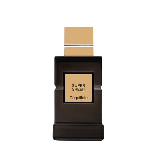 A rectangular dark glass bottle with a gold square cap and modern label reading "SUPERGREEN Eau de Parfum - Coquillete Parfum" by Coquillete. Its minimalist design evokes aromatic woods and freshly cut grass.