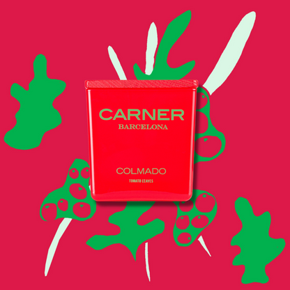 A bold red COLMADO CANDLE - Carner Barcelona box by GIFTS sits center stage on a vibrant red backdrop, inspired by lively colmados, with abstract green and white leaf shapes scattered around.