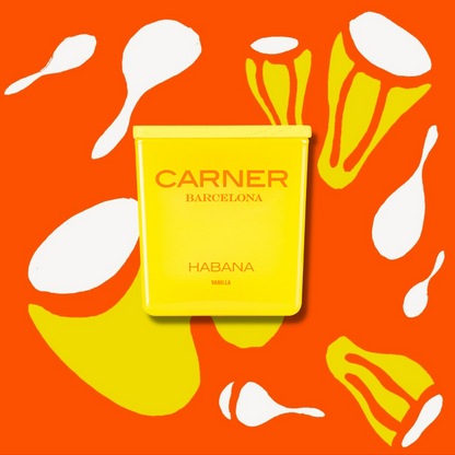 A bright yellow Carner Barcelona Habana perfume bottle sits on an orange background with illustrated conga drums and maracas, reflecting Habana’s lively spirit—ideal to pair with a HABANA CANDLE by GIFTS for a complete fragrant experience.