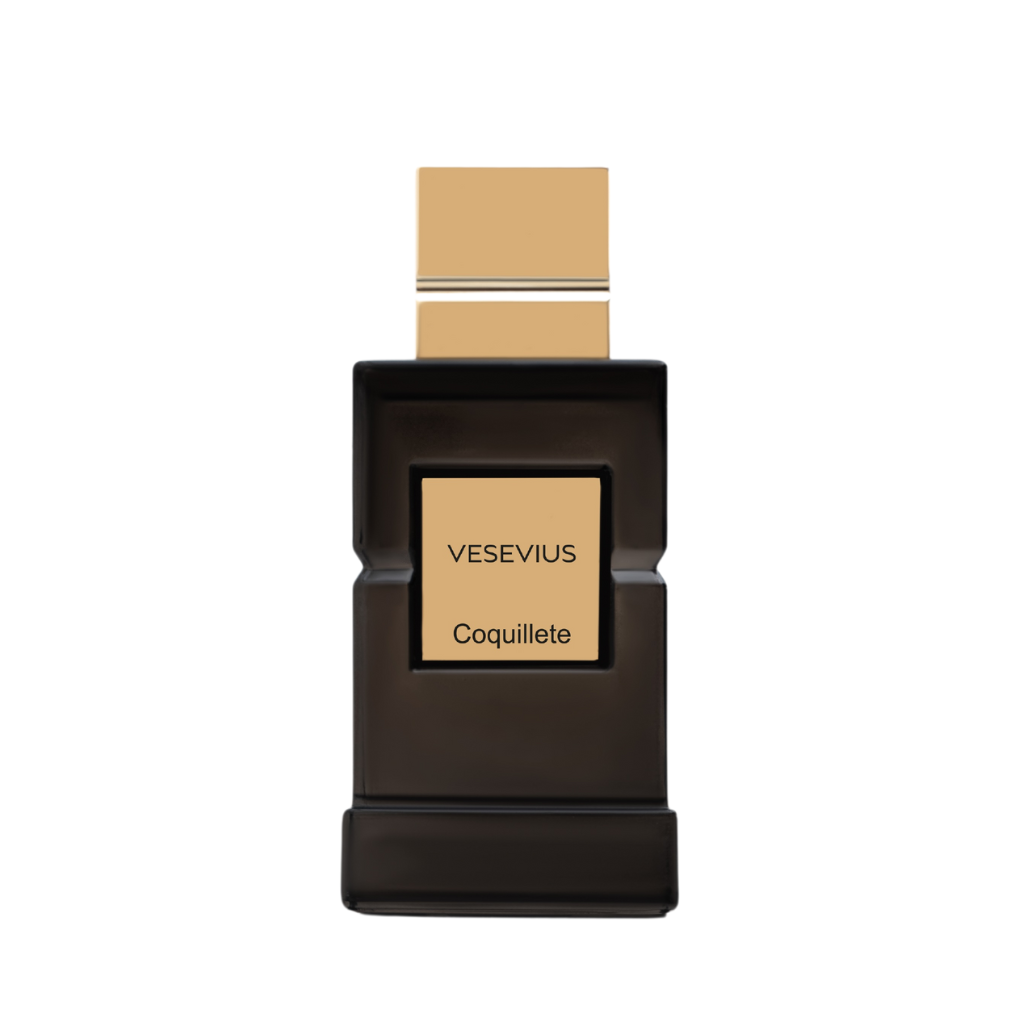 A rectangular black VESEVIUS Eau de Parfum bottle by Coquillete Parfum features a gold cap and square label with the brand name. Its minimalist, elegant design hints at the sophisticated fragrance inside. Displayed on a white background.