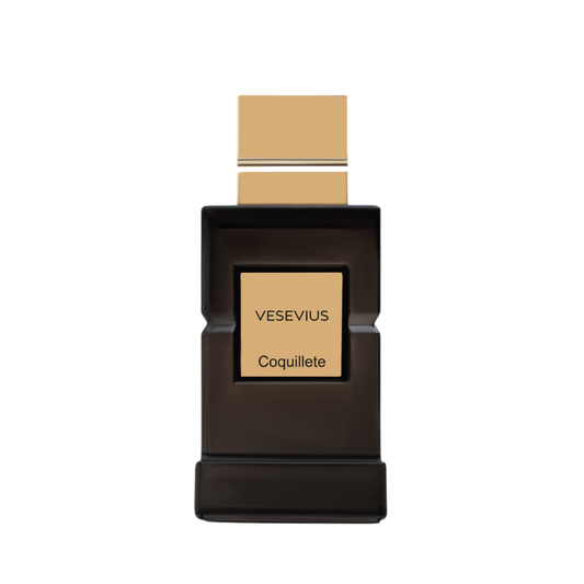 A rectangular black VESEVIUS Eau de Parfum bottle by Coquillete Parfum features a gold cap and square label with the brand name. Its minimalist, elegant design hints at the sophisticated fragrance inside. Displayed on a white background.