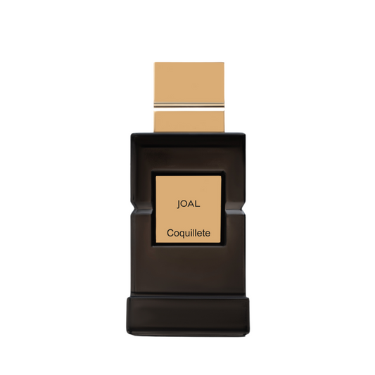 A rectangular black bottle of JOAL Eau de Parfum by Coquillete features a square beige label and matching beige cap with gold bands, presenting this sophisticated gourmand extrait de parfum against a white background.