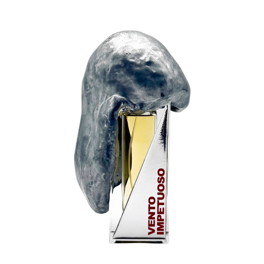 The VENTO IMPETUOSO "impetuous wind" Eau de Parfum by Filippo Sorcinelli comes in a 50 ml clear rectangular bottle with golden liquid and a silver, metallic cap resembling draped cloth, enriched with vetiver notes.
