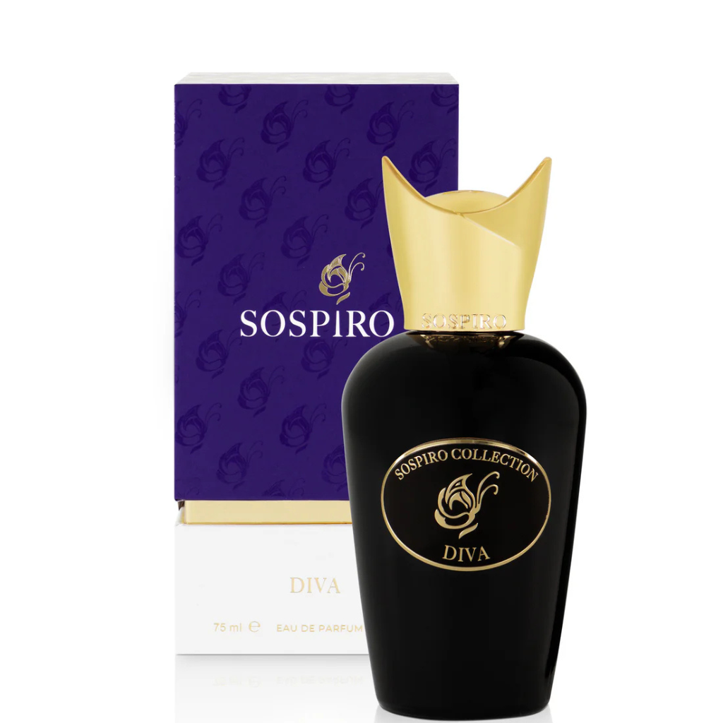 A black bottle with a gold cap labeled Diva Eau de Parfum – SOSPIRO stands before a purple and gold SOSPIRO box. This floral, powdery fragrance is available in a 75 ml size, clearly indicated on the packaging.