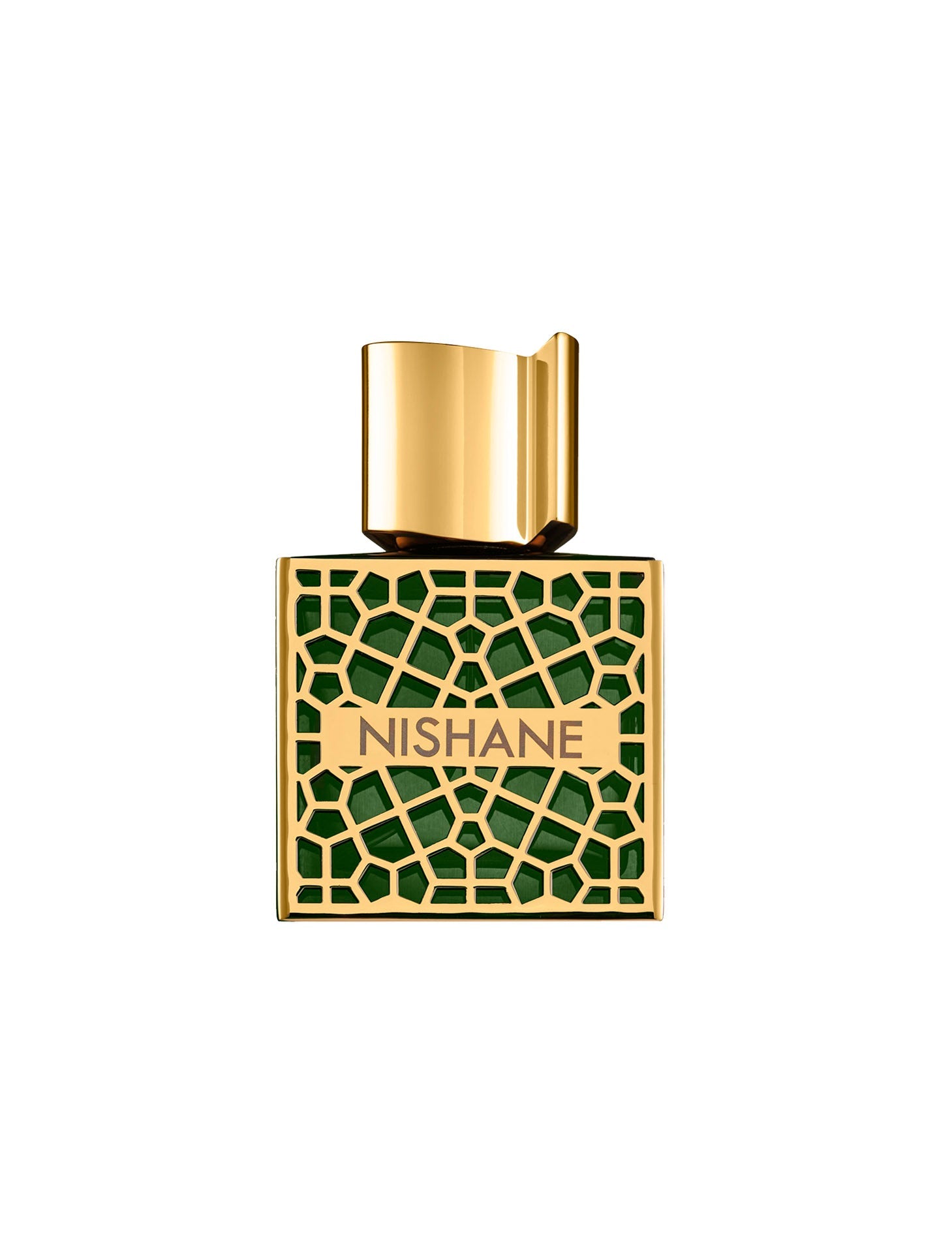 A gold and green geometric bottle from Fragrapedia Haus, labeled Shem Extrait de Parfum - Nishane, with a unique gold cap from the Prestige Collection.