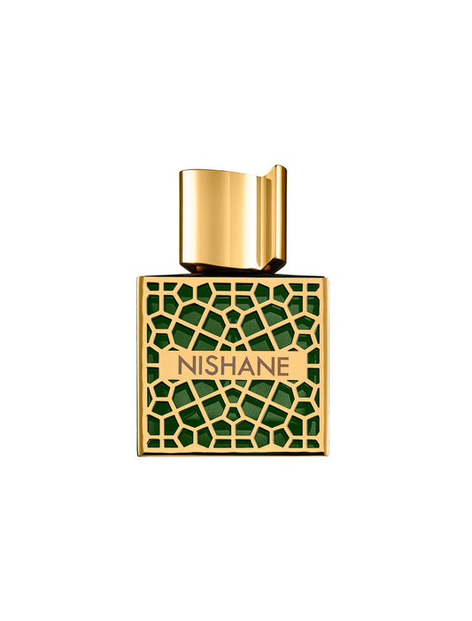 A gold and green geometric bottle from Fragrapedia Haus, labeled Shem Extrait de Parfum - Nishane, with a unique gold cap from the Prestige Collection.