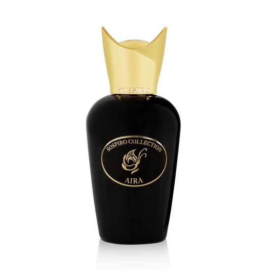 A black bottle with a gold cap and oval label reads "Aira Eau de Parfum - Sospiro" by SOSPIRO, featuring a stylized rose and hints of oud, displayed against a white background.