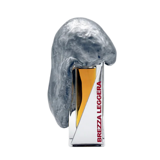 BREZZA LEGGERA "light breeze" Eau de Parfum by Filippo Sorcinelli features a metallic, abstract gray cap and minimalist design, reflecting its refined blend of Mediterranean helichrysum and subtle musk. Displayed on a white background.