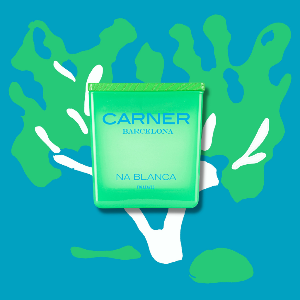 A green NA BLANCA CANDLE by Carner Barcelona from GIFTS is centered against a blue background with abstract white and green shapes resembling fig tree leaves.