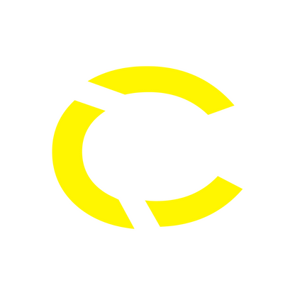 A bold yellow semi-circular arrow with two gaps creates an abstract, modern design on white, reflecting the vibrant spirit of GIFTS' HABANA CANDLE by Carner Barcelona.