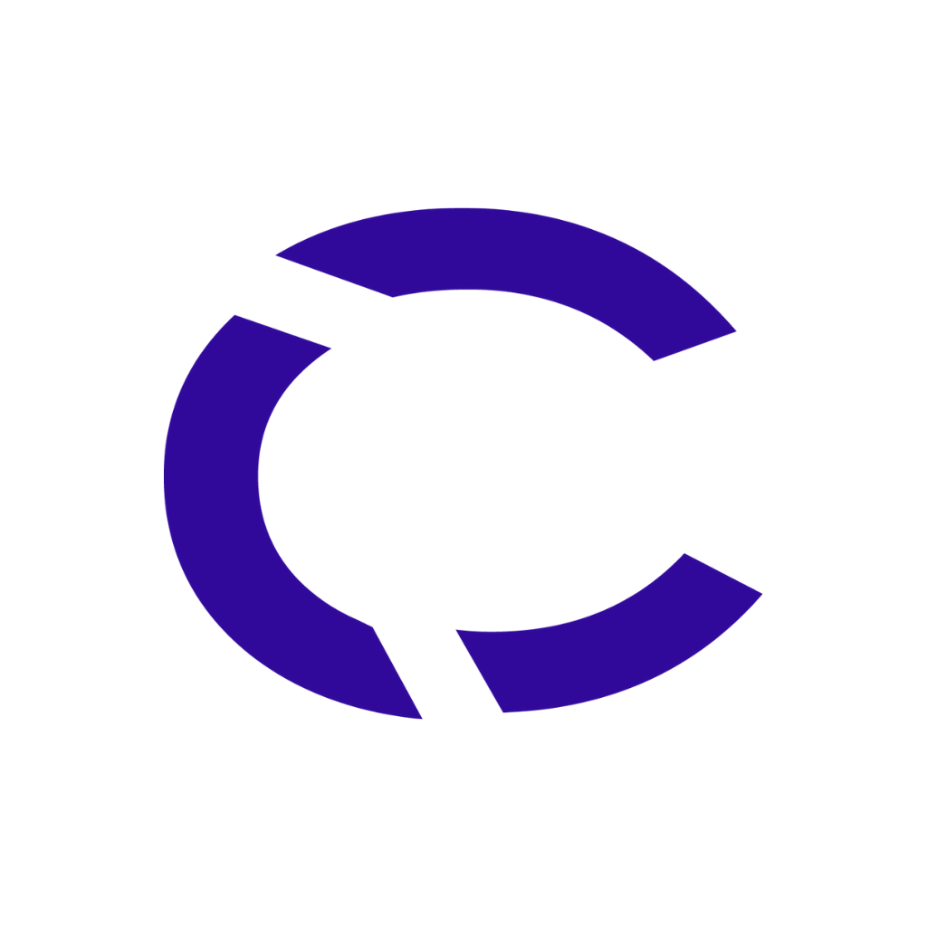 A bold, dark purple letter C on white, fragmented by angled gaps—echoing the rich mystique of guaiac wood and musk in the SANTÍSIMO CANDLE by Carner Barcelona.