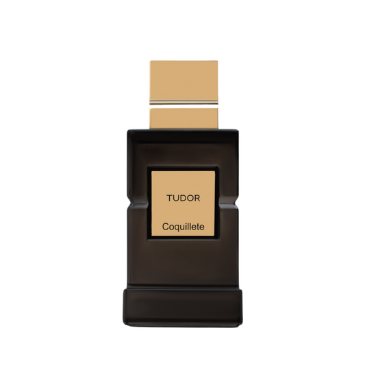 A sleek, rectangular black bottle with a gold cap and label displays “TUDOR Eau de Parfum - Coquillete Parfum” by Coquillete. Its minimalist elegance on a white background reflects the refined amber scent inside.