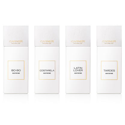 A white Carner TARDES HAIR PERFUME bottle by Carner Barcelona, with a gold-bordered label and white cap, offers an elegant, long-lasting scent—ideal for those seeking luxurious hair perfume.