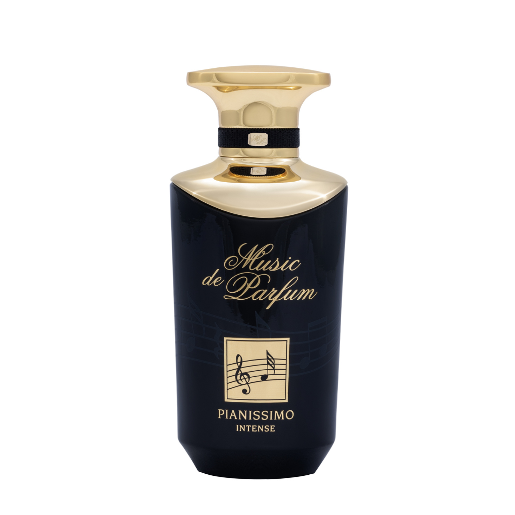 The PIANISSIMO Eau de Parfum by Music De Parfum features a black and gold bottle with a musical note and Pianissimo Intense on the front, housing an energetic blend of sandalwood, musk, amber, and oud.