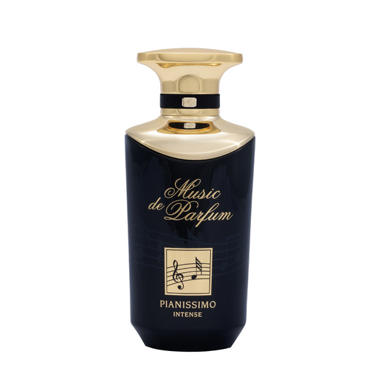 The PIANISSIMO Eau de Parfum by Music De Parfum features a black and gold bottle with a musical note and Pianissimo Intense on the front, housing an energetic blend of sandalwood, musk, amber, and oud.