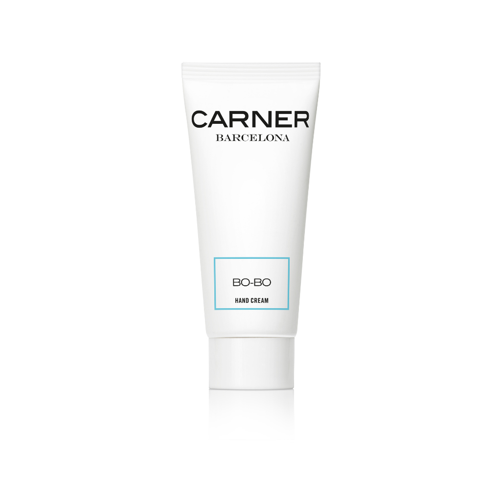 A BO-BO HAND CREAM tube from GIFTS stands upright against a plain white background. The label shows the brand and product name in black and light blue, reflecting the Mediterranean scent of this moisturizing hand cream.