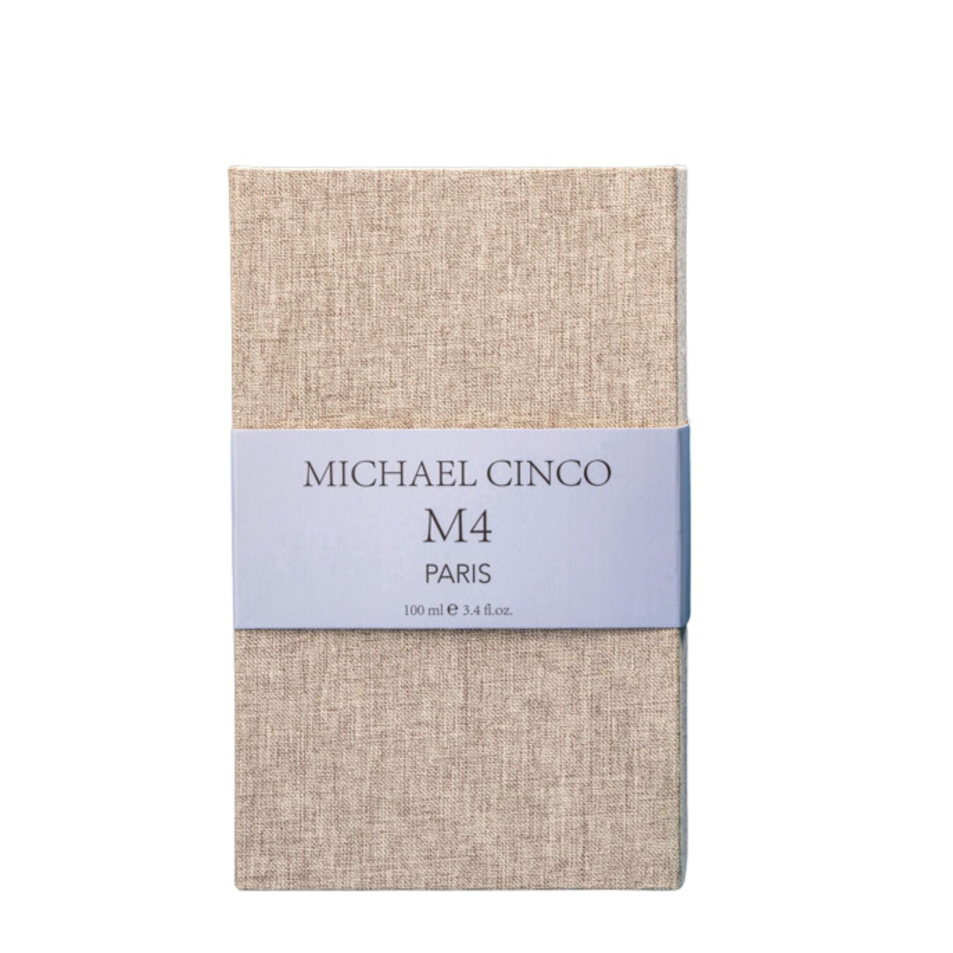 A beige textured box with a light gray band displays Fragrapedia Haus M4 Eau de Parfum by Michael Cinco, 100 ml e 3.4 fl.oz., evoking a woody floral scent with delicate marine notes.