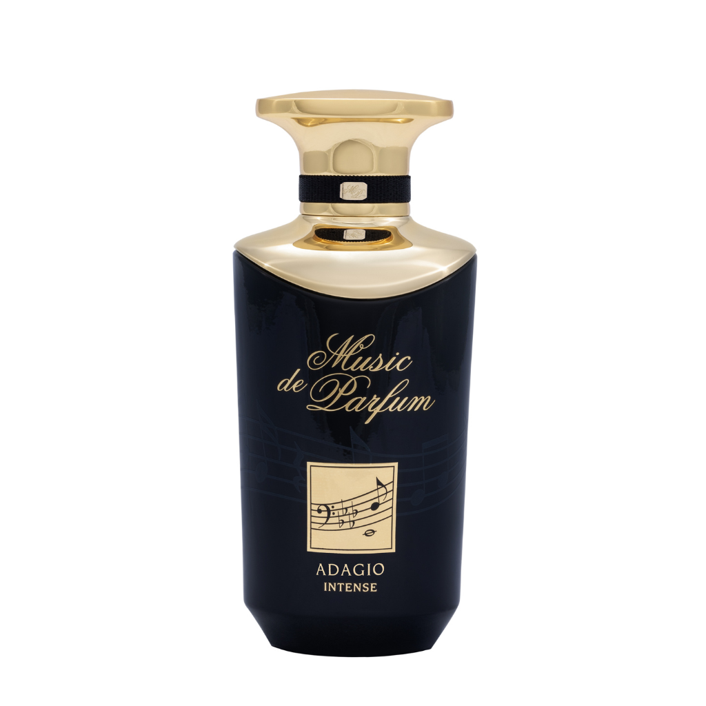 A black and gold bottle labeled Music De Parfum, featuring a musical note design and "Adagio Eau de Parfum" at the bottom, offers a woody fragrance with subtle sandalwood notes from the Music De Parfum brand.