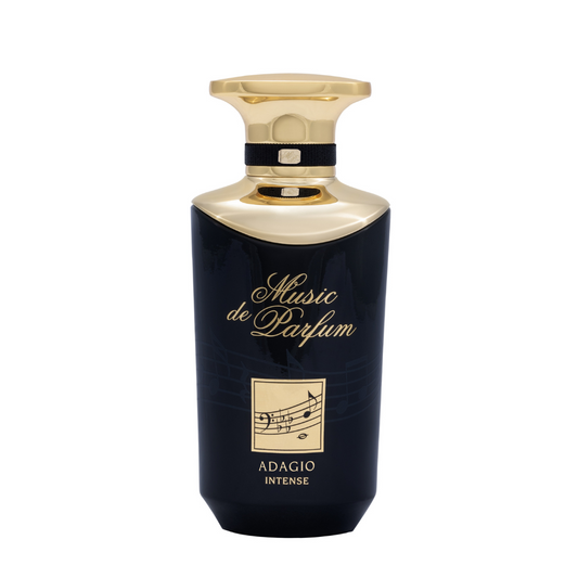 A black and gold bottle labeled Music De Parfum, featuring a musical note design and "Adagio Eau de Parfum" at the bottom, offers a woody fragrance with subtle sandalwood notes from the Music De Parfum brand.