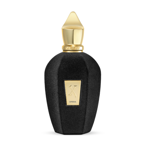A luxurious black bottle with a gold cap and "Opera" label, displayed on a white background, elegantly showcases the fruity floral scent of XERJOFF's Opera Eau de Parfum.