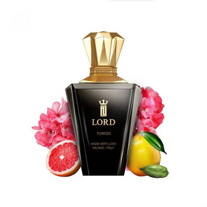 A black and gold TUXEDO Eau de Parfum - Lord Milano bottle by LORD MILANO is displayed before pink flowers, a grapefruit half, and a yellow citrus fruit with leaves on a white background—showcasing this luxury fragrance.