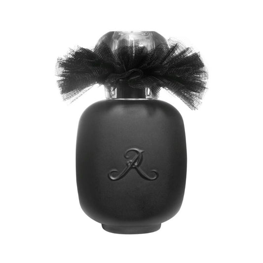 BALLERINA N°3 Eau de Parfum by LES PARFUMS DE ROSINE features a matte black bottle with a sheer black ribbon, clear faceted cap, and embossed letter A. Part of the Ballerina Collection, it holds an elegant woody floral fragrance.
