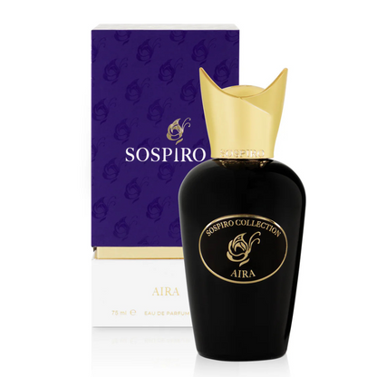 A black SOSPIRO Aira Eau de Parfum bottle with a gold cap and label is displayed before its purple and white box featuring the brand logo, evoking the scent's luxurious oud and ambergris notes.