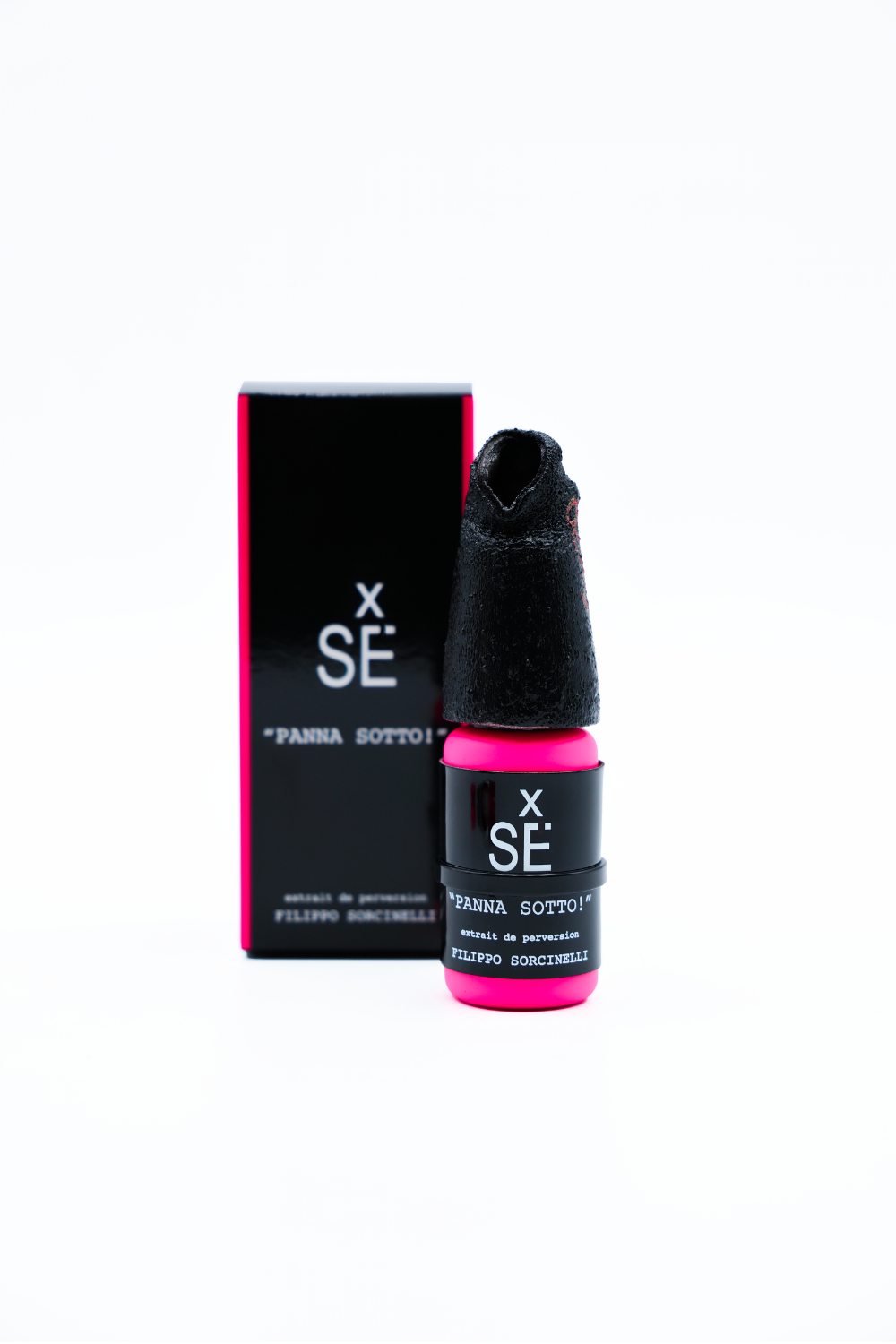 Black and pink bottle with packaging on a white background