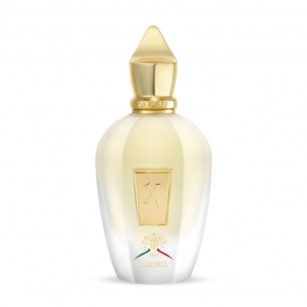 A white and gold bottle with a gold cap and engraved label showcases Zefiro Eau de Parfum by XERJOFF, a unisex fragrance celebrated for its alluring oriental spicy scent.