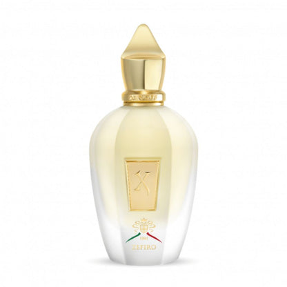 A white and gold bottle with a gold cap and engraved label showcases Zefiro Eau de Parfum by XERJOFF, a unisex fragrance celebrated for its alluring oriental spicy scent.