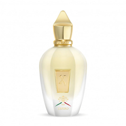 A white and gold bottle with a gold cap and engraved label showcases Zefiro Eau de Parfum by XERJOFF, a unisex fragrance celebrated for its alluring oriental spicy scent.