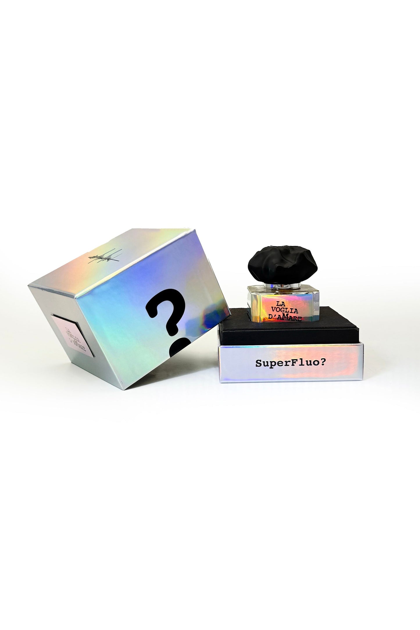 A holographic box with a bold question mark sits beside Filippo Sorcinelli's LA VOGLIA D'AMARE "The Desire To Love" Eau de Parfum, topped with a black cap, on a black base marked SuperFluo?.