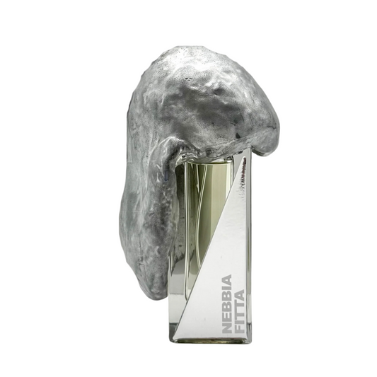 NEBBIA FITTA "thick fog" Eau de Parfum by Filippo Sorcinelli features a rectangular bottle with reflective surfaces, an abstract metallic silver cap draped to one side, and NEBBIA FITTA printed vertically, hinting at oakmoss notes within.