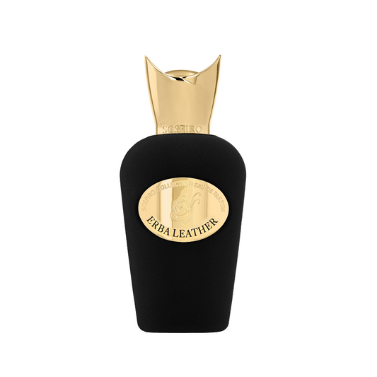 The black Erba Leather Eau de Parfum by SOSPIRO features a gold cap and oval label, set against a white background, evoking rich leathery notes with hints of bergamot.
