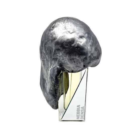 NEBBIA DENSA "dense fog" Eau de Parfum by Filippo Sorcinelli features a geometric clear base labeled NEBBIA DENSA, topped with an irregular metallic cap, evoking earthy vetiver and botanical moss.