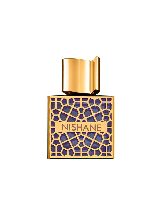 Mana Extrait de Parfum by Fragrapedia Haus features a gold geometric lattice over deep blue, with the Nishane Mana name on front. Its distinctive gold cap adds elegance to this Oud and Leather fragrance from the Prestige Collection.