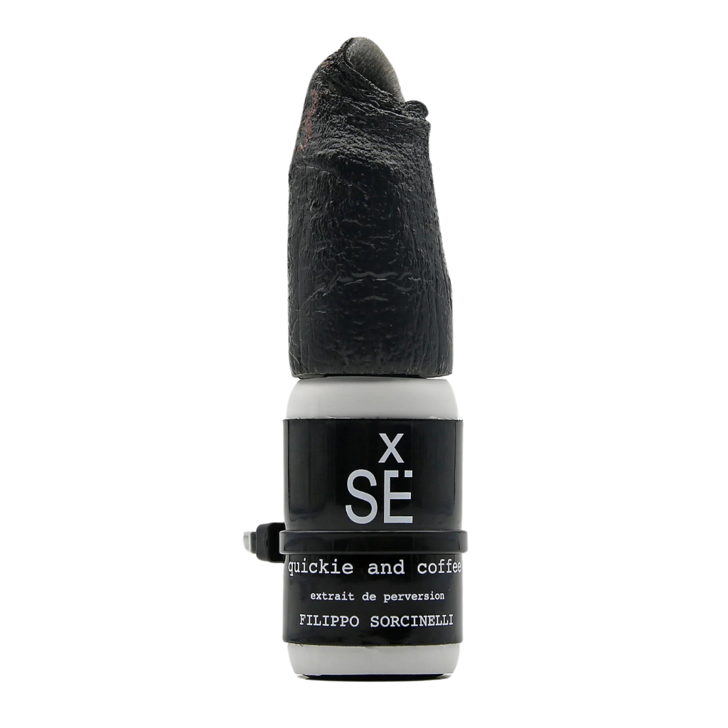 X SÉ QUICKIE AND COFFEE Eau de Parfum by Filippo Sorcinelli features a sculpted black cap resembling a finger—a bold, intense fragrance from the XSÉ collection.