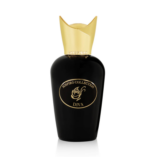 A black SOSPIRO Diva Eau de Parfum bottle with a gold cap and rose emblem on the gold label stands against a white background, capturing the essence of this floral, powdery scent from the Sospiro Collection.