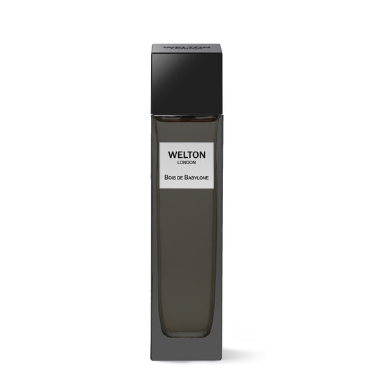 A tall, sleek dark glass bottle of Welton Bois de Babylone EDP, featuring alluring wood and leather notes, stands upright with a black rectangular cap against a plain white background.