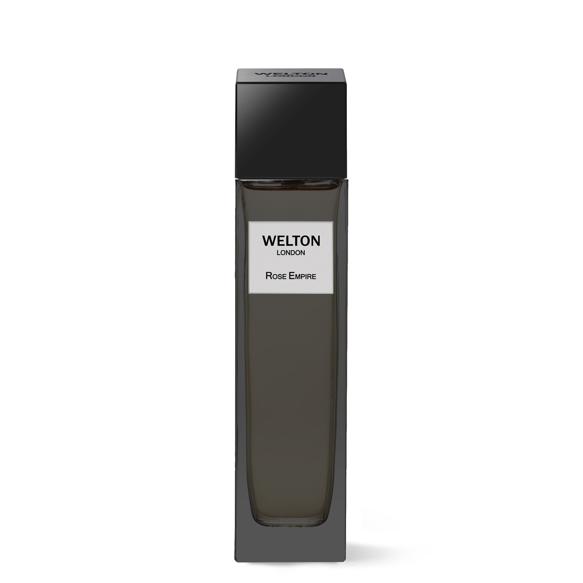 A sleek, rectangular black bottle of Welton Rose Empire EDP stands upright against a white background, embodying luxury with notes of Taif rose and Moroccan rose absolute.