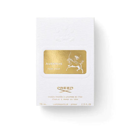 A white box of CREED AVENTUS FOR HER EDP by CREED, featuring gold accents, an embossed crest, a gold horse and rider label, and details about this iconic women’s fragrance on the bottom.